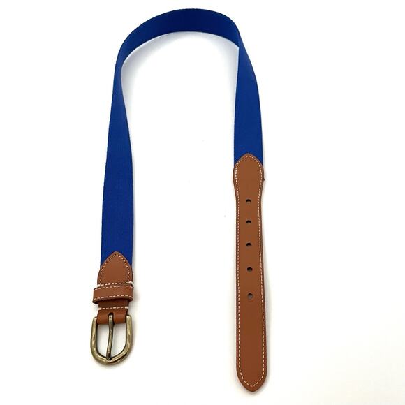 J. Crew Other - J Crew Blue Cotton Brown Leather Belt w Brass Buckle Size 32 Classic Preppy EUC
